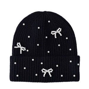 Black Soft Knitted Beanie Hat Bow Pearls Charms For Women NWT